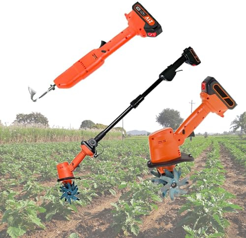 RSPPPJQ Hand-Held Micro Tiller Weeding Machine and Digging Hoe,Cordless Electric Garden Tiller with 1.3M Telescopic Pole & 2 Battery, 10cm Working Depth&Width, Soil Tiller Rotavator for Farm