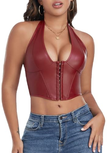 Maeau Women Crop Top Halter Tank Tops Leather Gothic Punk T-Shirts Camisole V Neck Vests Red S