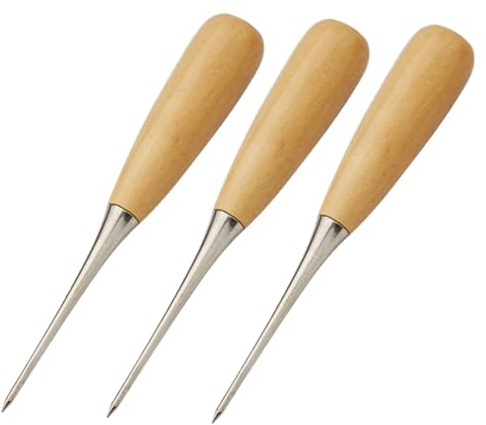 OATIPHO Punteruolo da Cucito in Legno 3 Pezzi, Strumento per Lavori Artigianali Fai da Te, Accessori per Perforazione Pelle, per Cucito e Riparazione Tappeti, Leggero e Portatile,