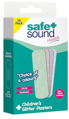 Safe & Sound Children’s Glitter Plasters – Pack of 16 – Assorted Colours – Washproof, Breathable & Flexible Kids Bandages (70mm x 20mm)