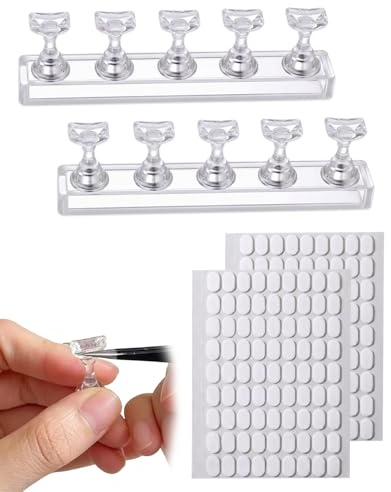YUZNA Support de Pratique et Présentoir Ongles 2 Pcs Transparent pour Faux Ongles & Capsules, avec 200 Adhésifs Double Face. Idéal Entraînement Manucure Nail Art.
