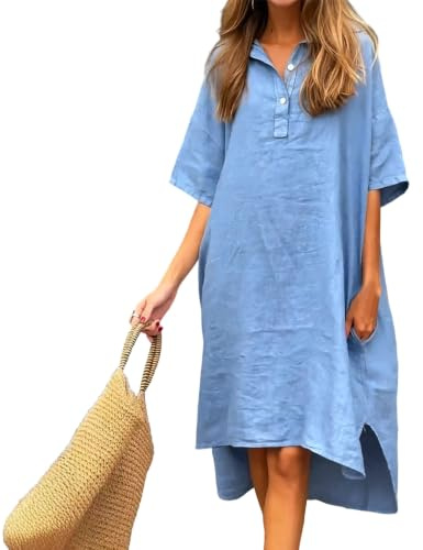 Dam T-shirtklänning Hög Midi Lång Sommar Strand Tunika Klänning Blå Liten