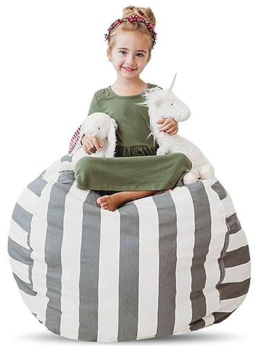 Creative QT Stuff ’n Sit Extra Large 38’’ Bean Bag Storage Cover for Stuffed Animals & Toys – Gray & White Stripe – Toddler & Kids’ Rooms Organizer – Giant Beanbag Great Plush Toy Hammock Alternative