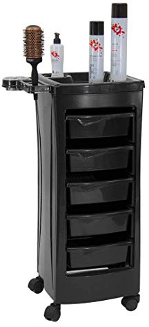 Alière Carrello per Parrucchiere CA0337 con 5 Cassetti e Supporto Porta Phon, PVC Nero