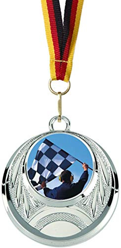 Verlag Reiner Kullack 10er-Set Medaillen »Zielflagge«, mit 25 mm Sportfoto-Emblem (Folie, bunt), Medaille mit Band für Kart-Rennen oder Anderen Motorsport (auch als Mitgebsel für Kindergeburtstag)