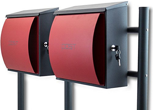 BITUXX® Design Doppelstandbriefkasten Briefkastenanlage Seitenschloss und Zeitungsfach Dunkelgrau/Rot