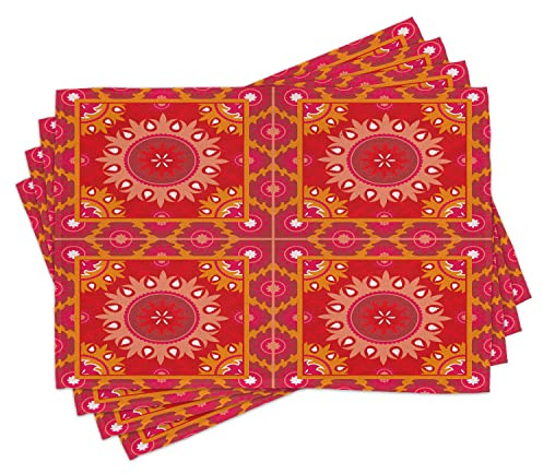 ABAKUHAUS Mandala roja Salvamantel Set de 4 Unidades, Loseta, Material Lavable Estampado Decoración de Mesa Cocina, Multicolor