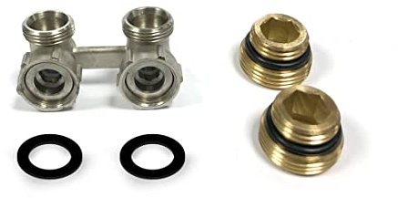 Belrad Heizkörper-Hahnblock, Eckform, 3/4 x 1/2 Zoll, Eurokonus | 52 mm langer Eck-Hahnblock mit 50 mm Rohrmittenabstand, getrennt absperrbarem Vor- und Rücklauf, für Ventilheizkörper