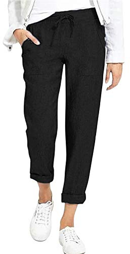 Pantalones de pierna recta con cordón y cintura elástica para mujer, color liso, casuales, holgados, con bolsillos, Negro, 48