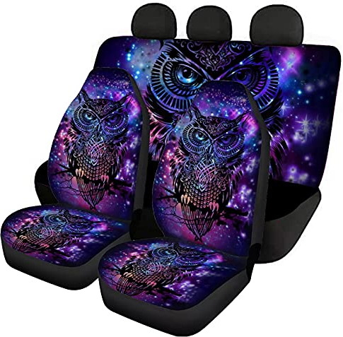 Jeiento Sitzbezug für Auto, Vordersitz, Rücksitzschutz, strapazierfähiger Sitzbezug, 4 Stück, universelle Passform, rutschfest und maschinenwaschbar, für Männer und Frauen, Universum und Eulenaufdruck