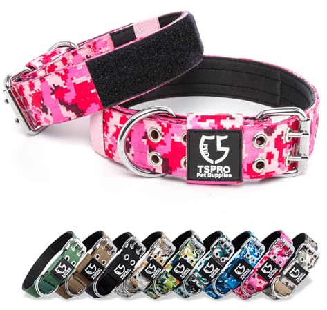 TSPRO Taktisches Hundehalsband mit Klettpanel für Große & Extra Große Hunde | Schwerlastiges 3,8 cm Breites Polyesterband, Verstellbares mit Robuster Metallschnalle & Metall-D-Ring, Camo Rosa L/XL