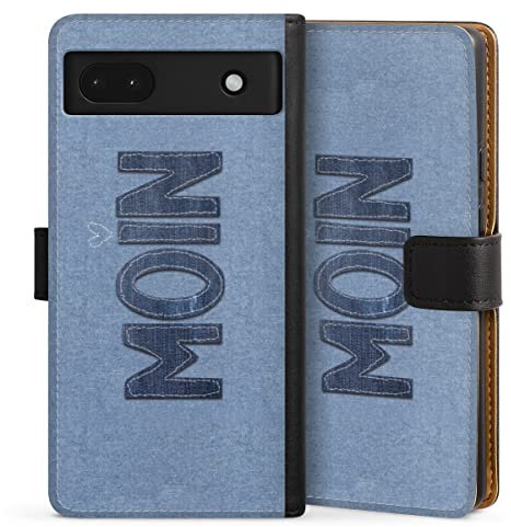Klapphülle kompatibel mit Google Pixel 6A Handyhülle aus Kunst Leder schwarz Flip Case Moin Zitat Jeans