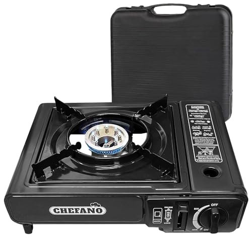 Portable Gas Cooker Camp Stove - For Outdoor Camping, Hiking, Fishing, Skiing Trips, Cooking & BBQ | Premium Burner, Automatic Ignition & Heat Control, EN417 Compliant - Black Grill with Case