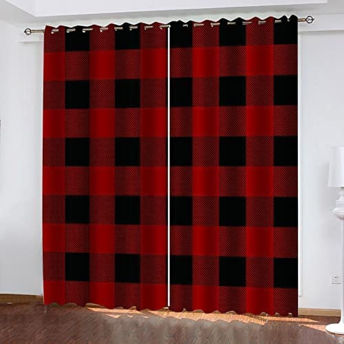 Vorhang Blickdicht Gardinen Mit Ösen - 2 Stücke 220(B) X215(H) cm Verdunklungsvorhänge 3D Rotes Geometrisches Gitter Muster Thermovorhang Für Kinderzimmer Schlafzimmer Weihnachtsgardinen