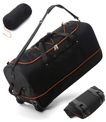 YHYEH 32''/80cm 110L Erweiterbare 140L Reisetasche mit 2 Inline-Rollen,Umwandelbare Große Wochenendtasche/Sporttasche mit Bungee-Cord-System,Schwarz-orange