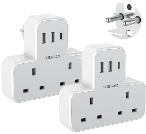 UK to European Travel Plug Adapter, TESSAN EU Adapter with 3 USB Ports (1 USB C), 2 Way Grounded Schuko Adaptor UK to Europe, Euro Plug for Spain Germany France Turkey Greece, 2 Pack
