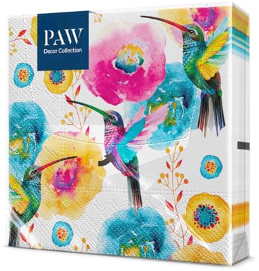 PAW - Servilletas Papel 3 Capas (33 x 33 cm) I 20 Unidades I Perfecto para Cumpleaños, Fiestas, Bodas, Comuniones y Celebraciones I Servilletas de Papel de Colores I Colibrí