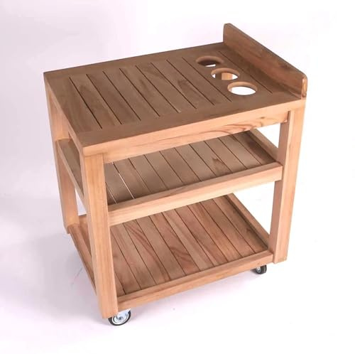 Teako Design Servierwagen Teakholz Teramo + 3 Ablagen Massivholz Wetterfest, 65 x 49 x 70 cm, für Außenebreich geeignet, Terassenmöbel, Gartenzubehör, Rollwagen, langlebig und robust