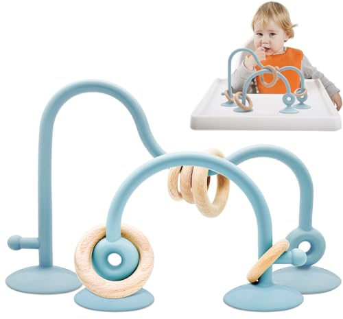 Juguete con ventosa para bebé, trona de silicona Purphy con ventosa con anillo de madera, juguete para bebés a partir de 3 meses Montessori, juguete de motricidad para bebé, sin bisfenol A, juguete