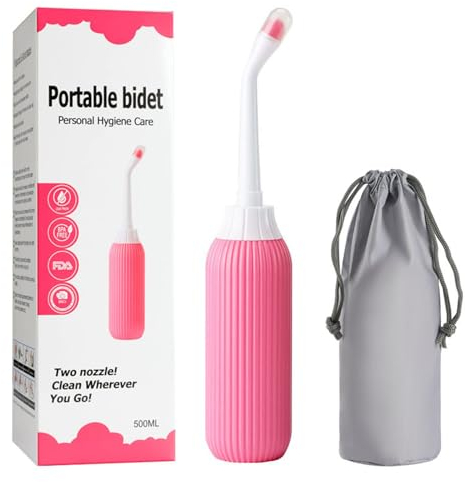 Brigtviee Bidet Portable avec Conduit Rétractable et Sac de Voyage, Bouteille Périnéale pour Douche Intime Périnée et Soins Post-Partum, Bidet à Main pour Voyage, Peri Bottle de 500ml,Rose