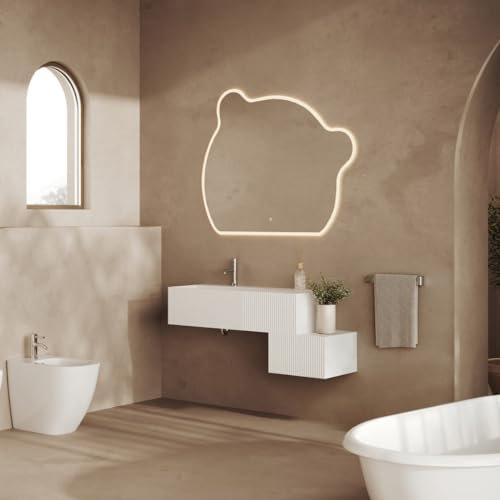 Kiamami Valentina - Mobile bagno sospeso 120cm bianco con 2 cassetti frontale cannettato e specchio antiappannamento | Rodi