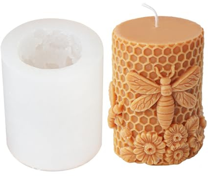 Xidmold Bee Honeycomb Flower Cylinder Candle Mould, Honeybee Beehive Pillar Silicone Mold for Beeswax Candle, Soy Wax Candle, Plaster Ornament, DIY Crafts (B)