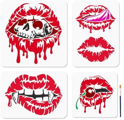 MAYJOYDIY 4 Stück Lippenschablonen Lippen Totenkopf Schablone Mit Pinsel 30×30~20×20cm Halloween Vampire Wiederverwendbare Malvorlagen Aus Kunststoff Zum Basteln Auf Fenster Holz Wand Heimdekoration