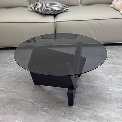 KaBuea Glas-Couchtisch, runde Couchtische aus der Mitte des Jahrhunderts, perfekt für kleine Wohnzimmer, graue, klare Glasplatte und Holzrahmen