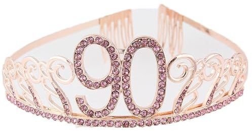 CHUYIX Corona di compleanno in oro rosa, 90 numeri, corona Happy Birthday con pettine, corona di cristallo, con numero di compleanno, tiara di compleanno, corona per compleanno, festa favor supplies