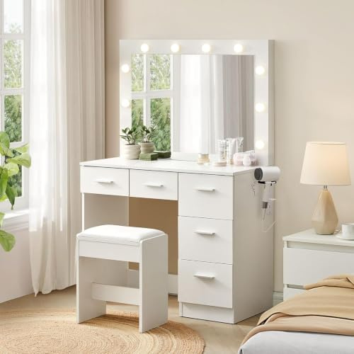 CLIPOP Große Schminktisch mit LED-Beleuchtung,Einstellbare Helligkeit,Kosmetiktisch mit Steckdosen,Haartrocknerhaken,5 Schubladen,Make up Schreibtisch mit Hocker,Spiegel,modern,weiß