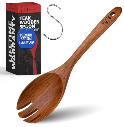 PriorityChef Premium Wooden Salad Servers - Handcrafted Teak Wood Spork - Durable Kitchen Utensil for Serving and Tossing Pasta & Sides - Nonstick Safe Wooden Salad Spoon and Fork Set Combined