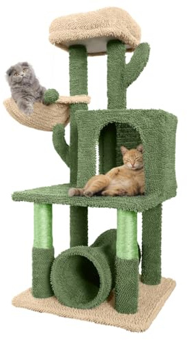 CAPHAUS Cactus Cat Tower for Indoor Cats, Cute 40-Inch Small Cactus Cat Tree w/Widened Perch for Large Cats & Kittens, Multi-Level Cat Activity Tree w/Scratching Post, Tunnel, Basket, Cat Cave Condo