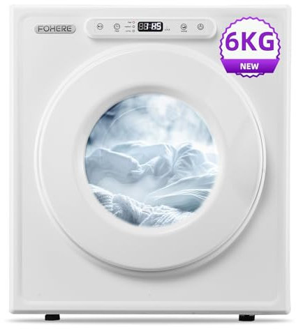 6KG Vented Tumble Dryer, FOHERE 1500W Compact Samrt Dryer, 6 Drying Mode, Double Temperature Control Protection, with Child Lock and Timer, for Apartment, Home, Dorm, RVs, White