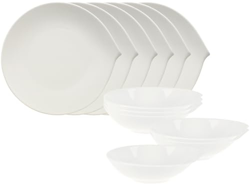Villeroy & Boch Flow Tafelservice 12-teilig, Speiseteller (27 cm) und Suppenschale (300 ml) für 6 Personen, Geschirr-Set mit geschwungener Form, Premium Porzellan, Weiß