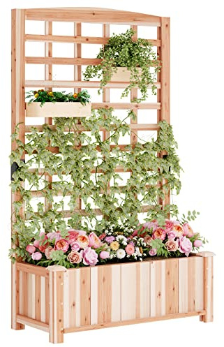 SDHYL Kit de plate-bande surélevée en bois avec treillis – Jardinière 2 en 1 en bois avec trous de drainage pour plantes grimpantes, parterre de fleurs surélevé pour légumes, herbes et roses, 90 x 40