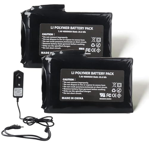 MXJFYY 2 Stück 7,4 V 4000 mAh 22,2 Wh Li-Polymer-Akku für be-heizte Handschuhe, be-heizte Socken, be-heizte Mützen, beheizte Sturmhauben, beheizte Einlegesohlen, Thermounterwäschehosen, Fäustlinge