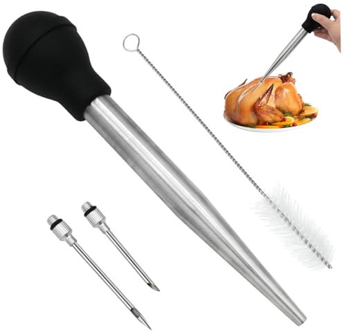 1 Set Turkey Baster Stainless Steel Turkey Baster Syringe with Silicone Pump Head Includes Detachable Needles & Cleaning Brush, Meat Injector for Cooking