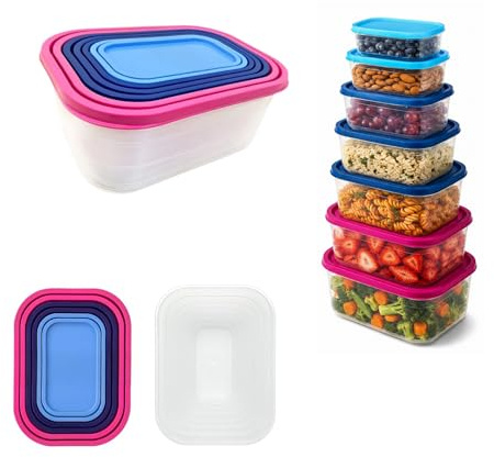 BH | 7 in 1 Food Storage Containers Set | BPA-Free | Stackable | Leak-Proof | Nesting Design | Rectangular Plastic Food Storage Box For Home, Office, Kitchen, School Lunch and Pantry - by BEST HOUSE