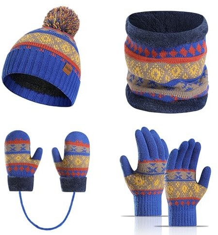 Generisch Un juego de cuatro piezas de gorros de punto para niños en invierno, bufandas gruesas y cálidas, gorros de lana para niños de 3 a 10 años, azul, talla única