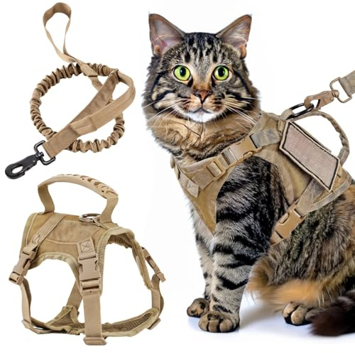 Khaki Katzengeschirr mit Leine, verstellbare Weste und Gurte, taktisches Design, Netzpolsterung, Kontrollgriff