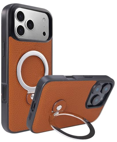 WBRSybUK Custodia Sottile For IPhone 17/17 Air/17 Pro/17 Pro Max, Custodia Ad Anello Magnetico In Vera Pelle, Custodia Protettiva Antiurto Con Texture Litchi(Brass,17 Pro Max)