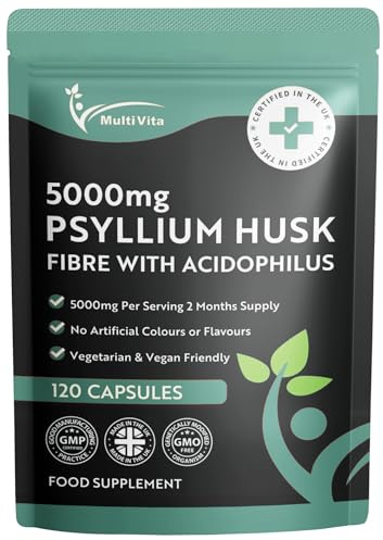 Psyllium Husk Capsules 5000mg with 500 Million CFU Lactobacillus Acidophilus, 120 Psyllium Husks Capsules, Natural Soluble Fiber Supplement from Raw Plantago Ovata Seeds, Digestive, Gut Health Support