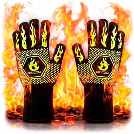 RIOGOM® Guantes Barbacoa y Cocina Leña 800 °C Resistentes al Calor Altas Temperaturas | Guantes Horno Profesional e Ignífugos Chimenea | Tallas L y XL | BBQ Accessories Antideslizantes (L/XL)