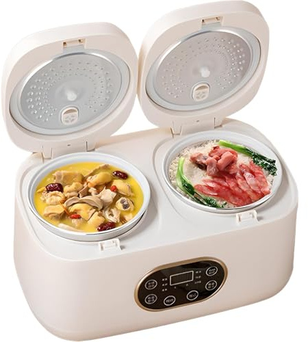 Cuociriso Elettrico Professionale a Doppia Camera D'aria, Cuociriso Elettrico Professionale 2L+2l Doppio Rivestimento con Touch Screen Intelligente, Appuntamento 12H per Cuocere Il Porridge off white