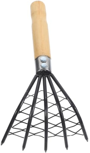 AMUSLESUR 1pezzi Rastrello per Vongole da Spiaggia in Acciaio Inossidabile con Manico in Legno e Rete Attrezzo Durevole per Raccogliere Telline e Frutti di Mare Design Ergonomico