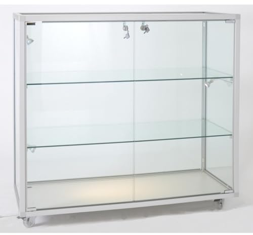 MHN Thekenvitrine & Geschäftsvitrine 41,5 x 98 x 95 cm - Glasvitrine abschließbar & Rollen & Spiegelrückwand - ohne Beleuchtung - ideal für Geschäfte, Drogerien, Apotheken & Produktpräsentation