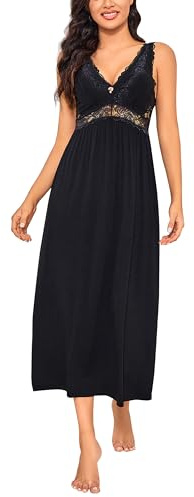 Alcea Rosea Chemise de Nuit pour Femme avec Dentelle décolleté en V sans Manches Nuisette élégante (Noir, L)