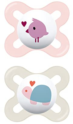 Mam Start Nanò napp i en uppsättning med 2 stycken, tillverkad av gummi med napphållare, 0–2 månader, rosa/vit