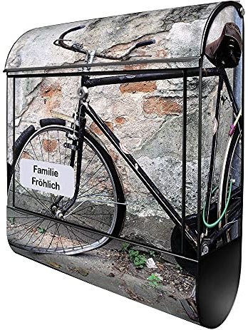 banjado Design Briefkasten personalisiert Nostalgie Rad 38,5x46,5x13cm & 2 Schlüssel - Briefkasten Stahl schwarz Zeitungsfach pulverbeschichtet - Postkasten A4 Einwurf inkl. Montagematerial