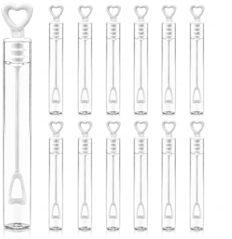 12 White Mini Heart Bubble Tubes With 4ml Bubble Liquid Solution and Blow Wands - Ideal for Weddings, Parties and Celebrations, Children’s Birthday Party Bag Fillers, Wedding Favours, Kids Toys